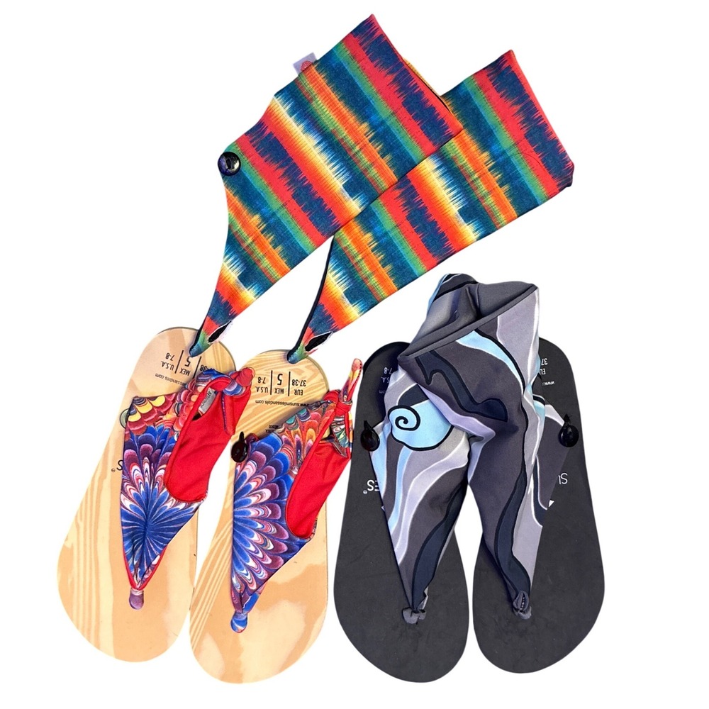 NEW Sun's Smile Womens Flip Flop Sandals 2 Pair Bundle w/ 3 Scarf Straps Size 5